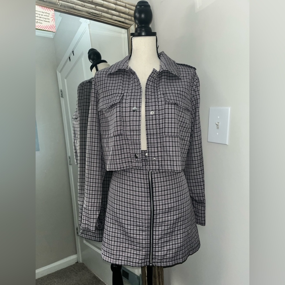 White Fable Plaid Cropped Jacket and Skirt Set
